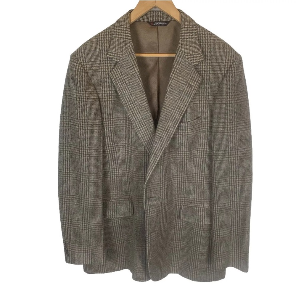 Vintage Robbins Men’s Shop Wool Tweed 2 Button Blazer Tan With Green Plaid 44 L‎